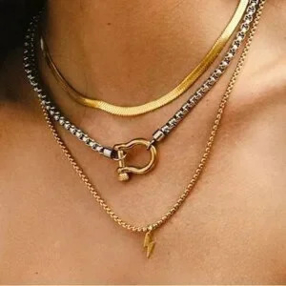 18K Silver Gold Mix Carabiner Chain Necklace (7119)